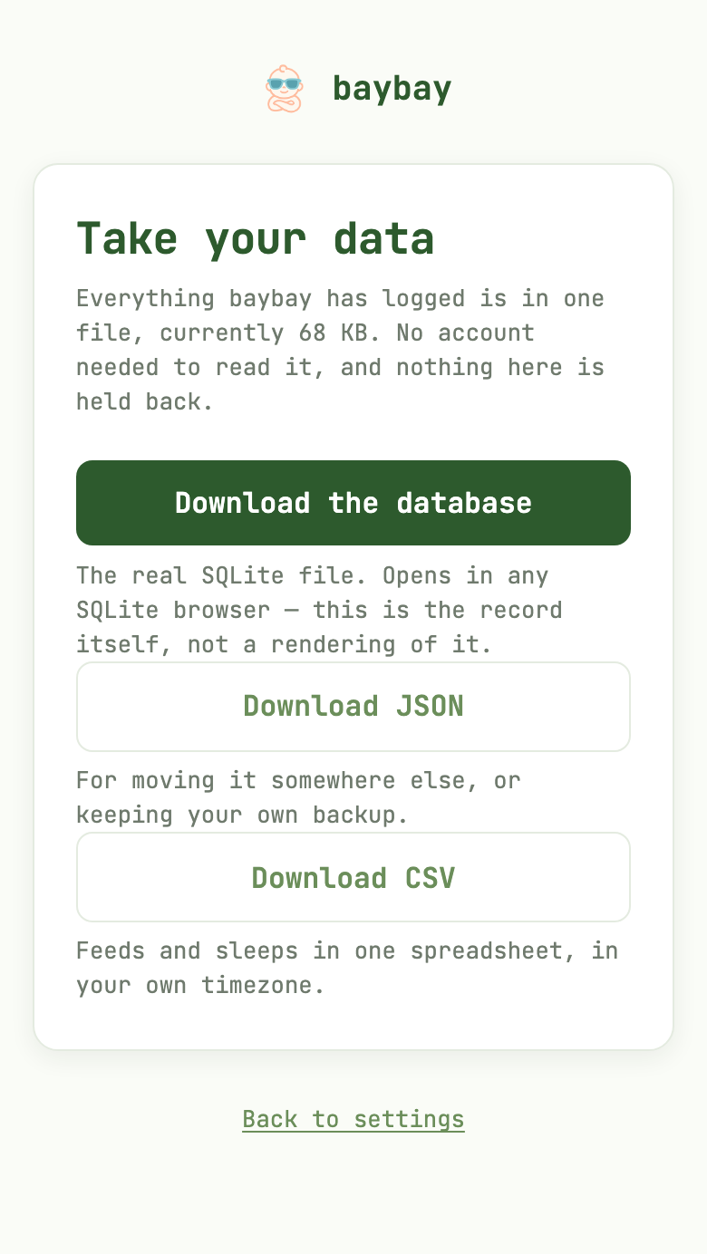 The Take your data screen: the size of the household file, then buttons to download the database, JSON and CSV.