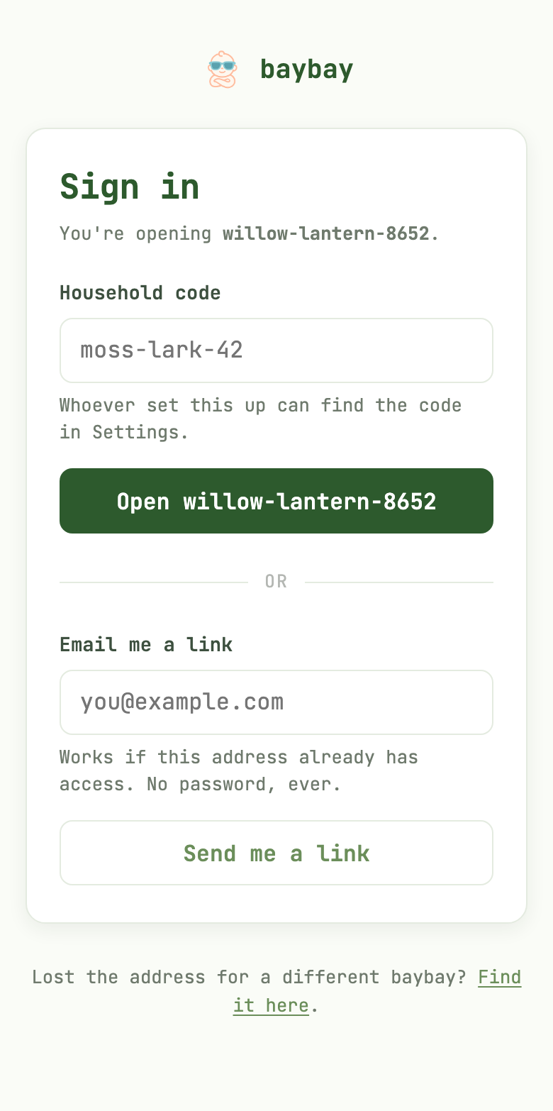 The baybay sign-in screen: a field for the household code, and below it a field to have a sign-in link emailed.