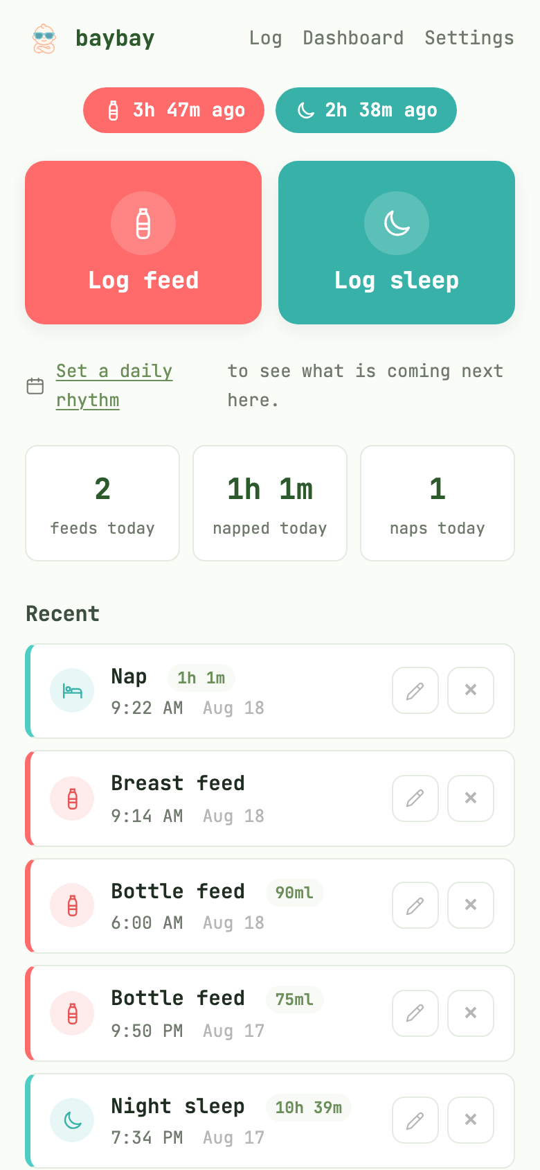 The baybay log screen: how long since the last feed and the last sleep, a large button for each, the totals for today, then the recent entries.