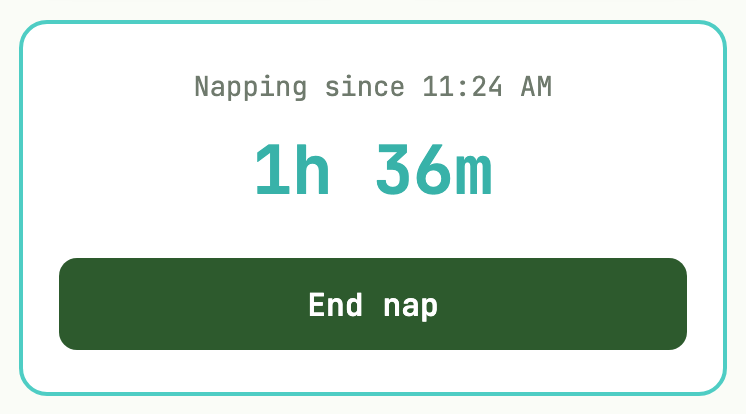 A running nap on the log screen: Napping since 11:14 AM, a large teal timer reading 1h 36m, and a green End nap button.