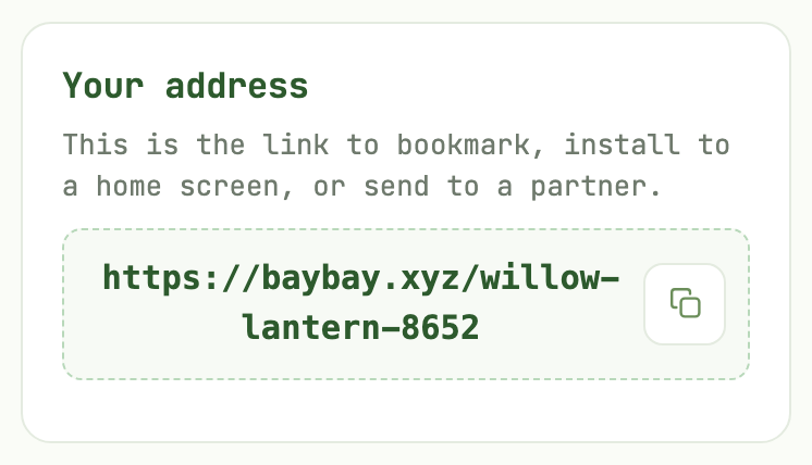 The Your address panel in Settings, showing a household address at baybay.xyz with a button to copy it.