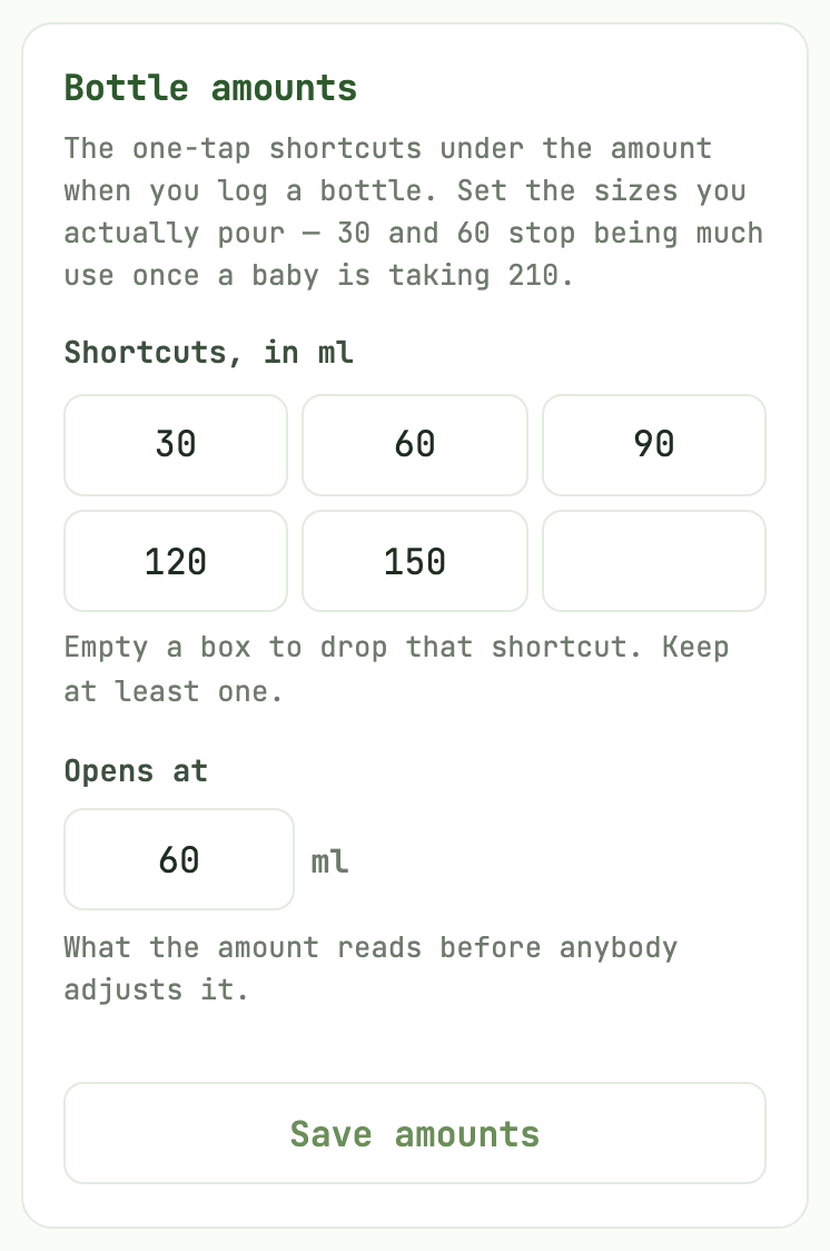 The Bottle amounts panel in Settings: six boxes for shortcut sizes in millilitres, and a field for the amount the form opens at.
