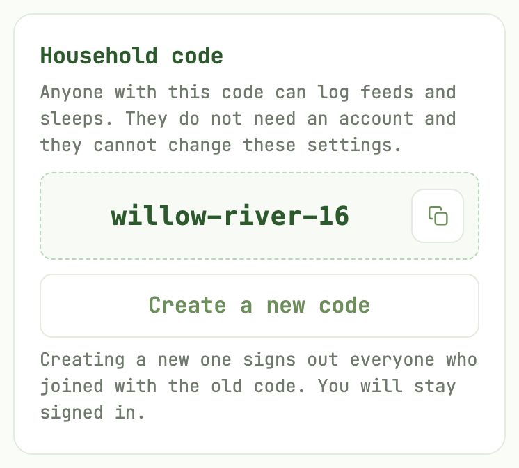 The Household code panel in Settings, showing a code with a copy button and a Create a new code button below it.