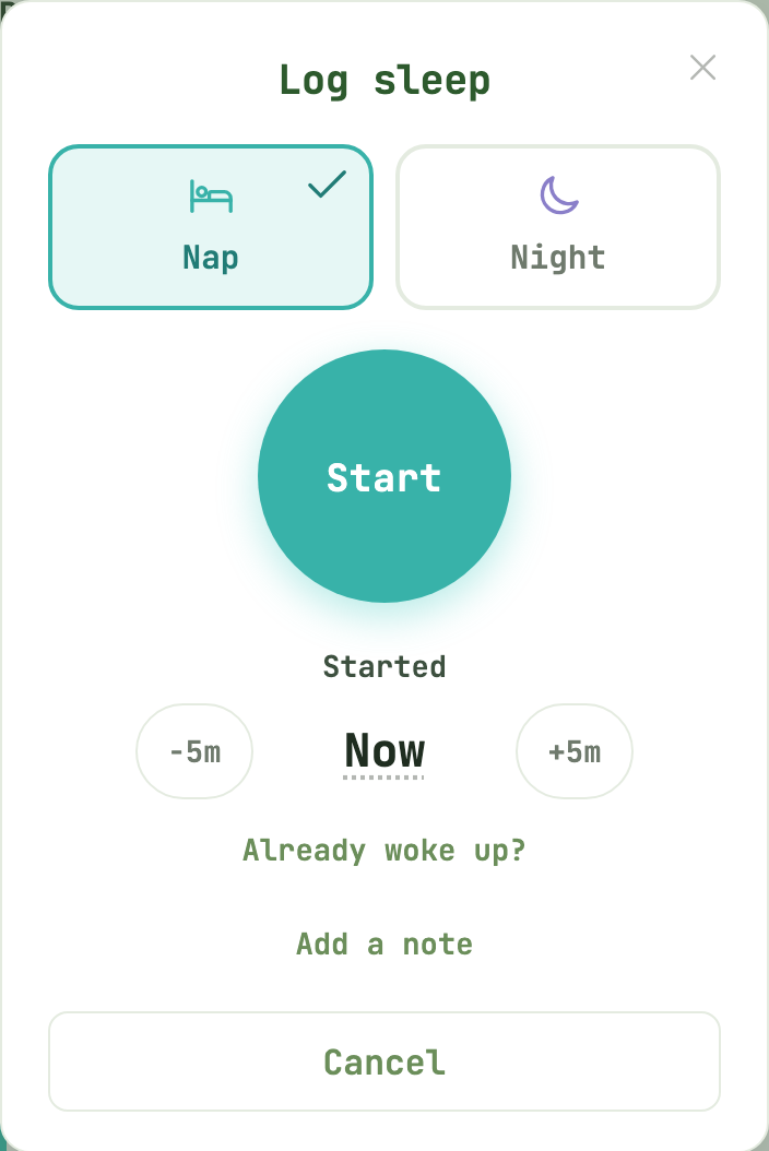 The Log a sleep sheet: Nap and Night side by side, a large Start button, and the start time showing Now.